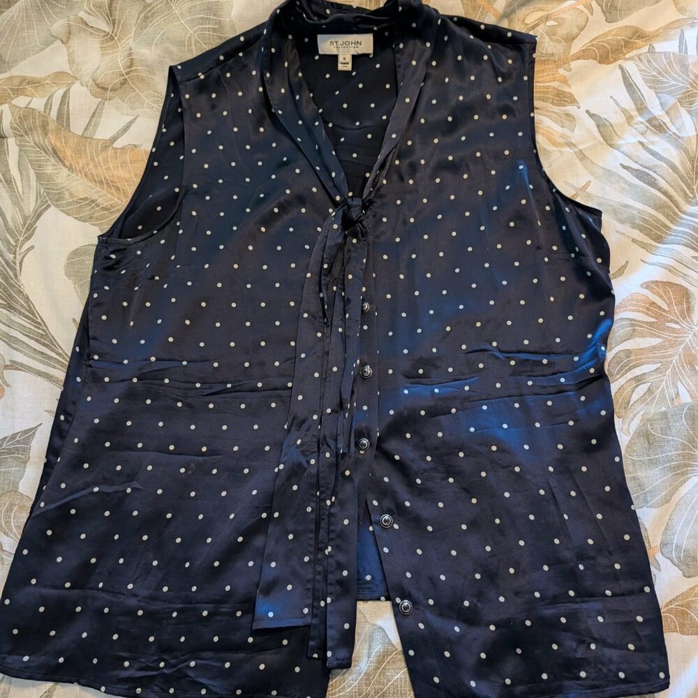 ST John Silk Navy Button Down Sleeveless Top with Tie   Size 16  XL